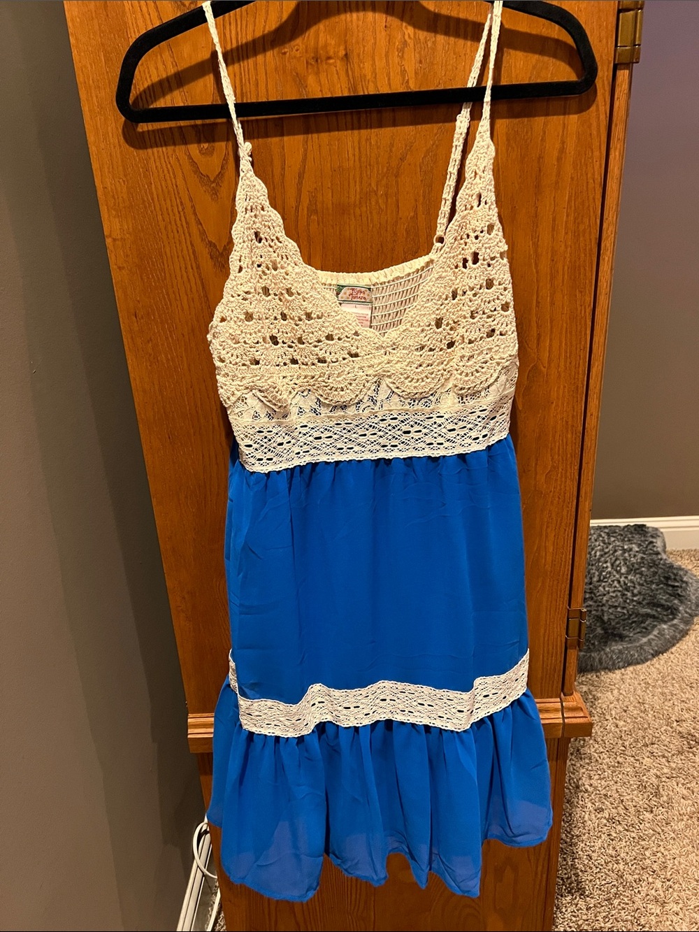 Flying Tomato Royal Blue Chiffon Mini Dress with Cream Crochet Bodice